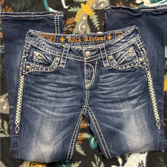 Rock Revival Elaina Jeans 26 Bootcut Medium Blue Rhinestone Petite Inseam - Picture 2 of 7